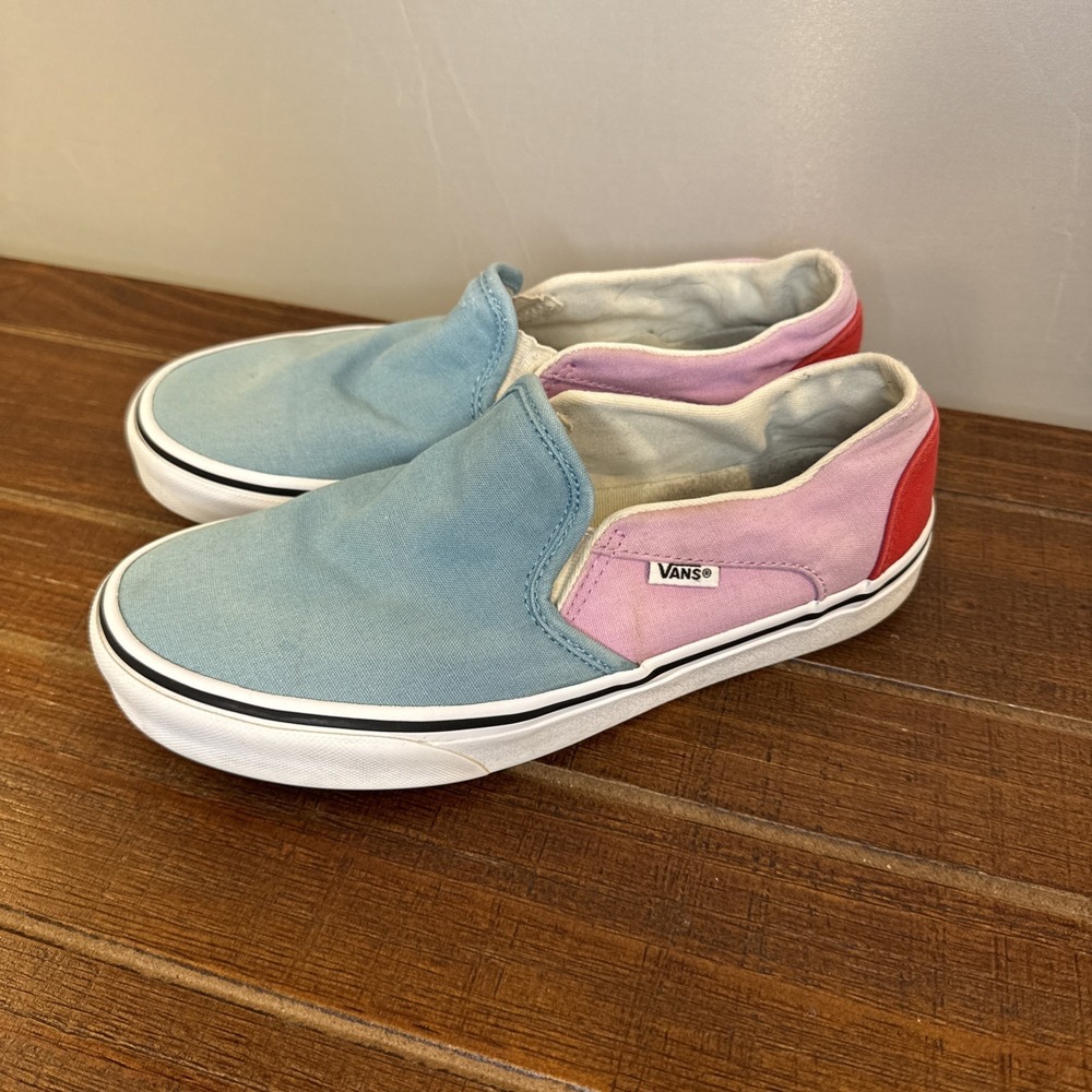 Vans woman's‎ 7.5 blue pink red 751505 slip on old School used nice Skateboard